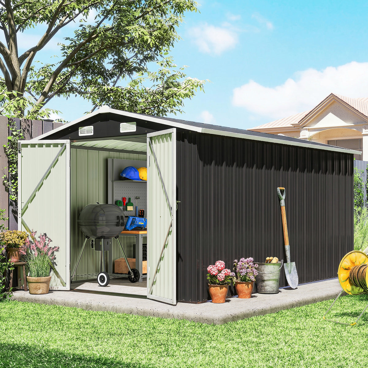 Outsunny 12 x 8 ft Garden Shed, Outdoor Storage Shed with 4 Vents and Lockable Double Doors, Dark Grey