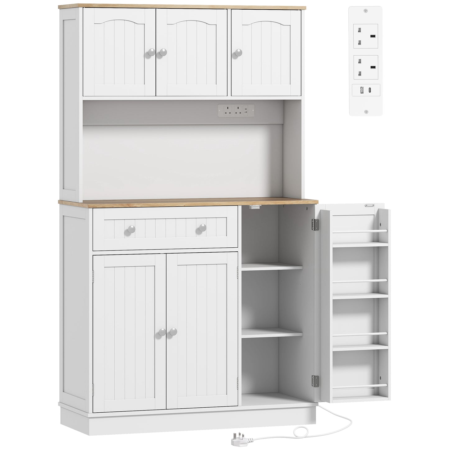 HOMCOM 173 cm Tall Kitchen Cupboard with Charging Station, Pantry Storage Cabinet with Adjustable Shelves and 5 Door Racks