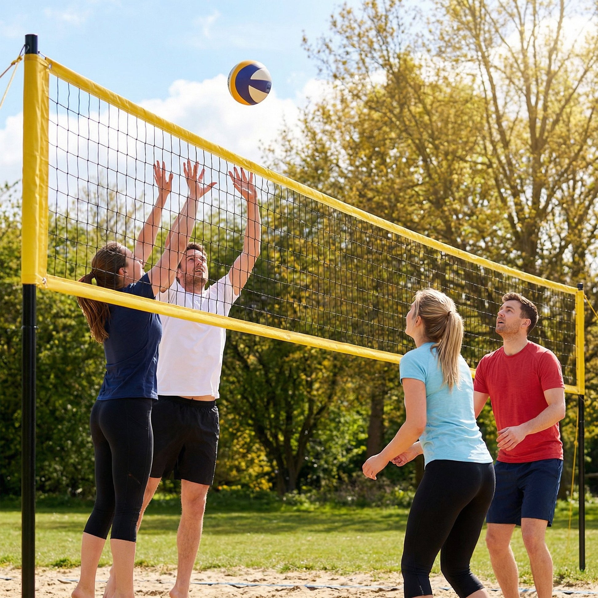 SPORTNOW Portable Volleyball Net Set with Adjustable Height Steel Poles, Volleyball, Boundary Line and Carrying Bag for Beach