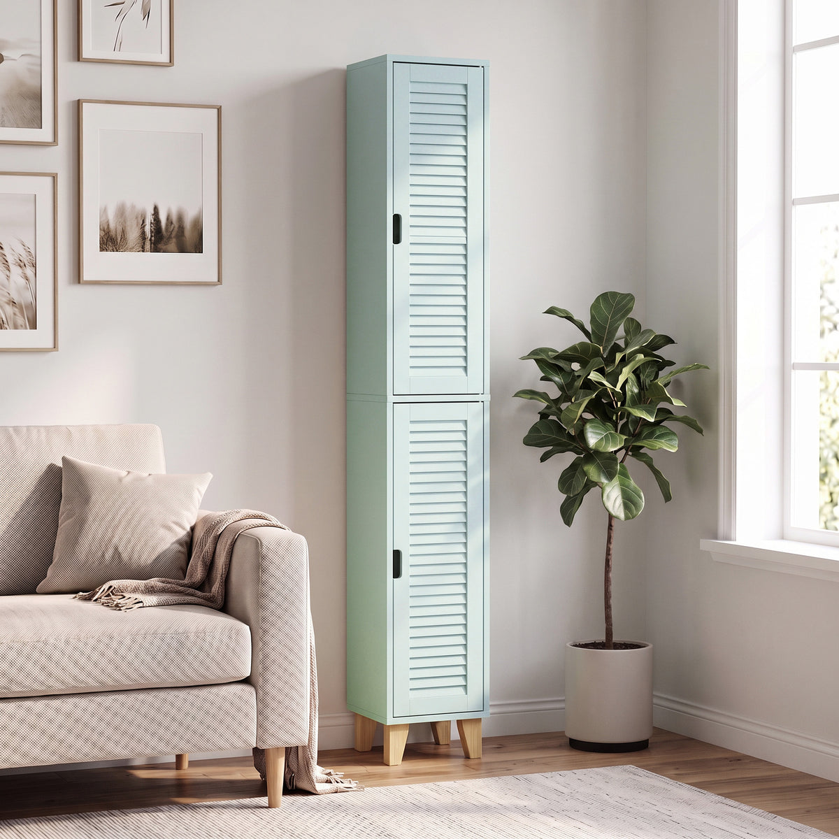 HOMCOM 170cm Tall Bathroom Storage Cabinet, Freestanding Bathroom Cabinet with Louvered Doors, Adjustable Shelf, Light Green
