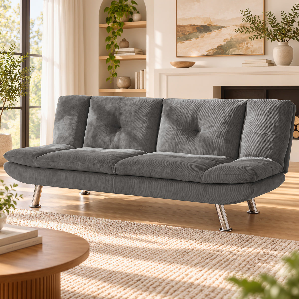 HOMCOM Convertible Sofa Bed, 3 Seater Futon Sofa with Adjustable Backrest, Wide Seat for Living Room, Small Space, Grey