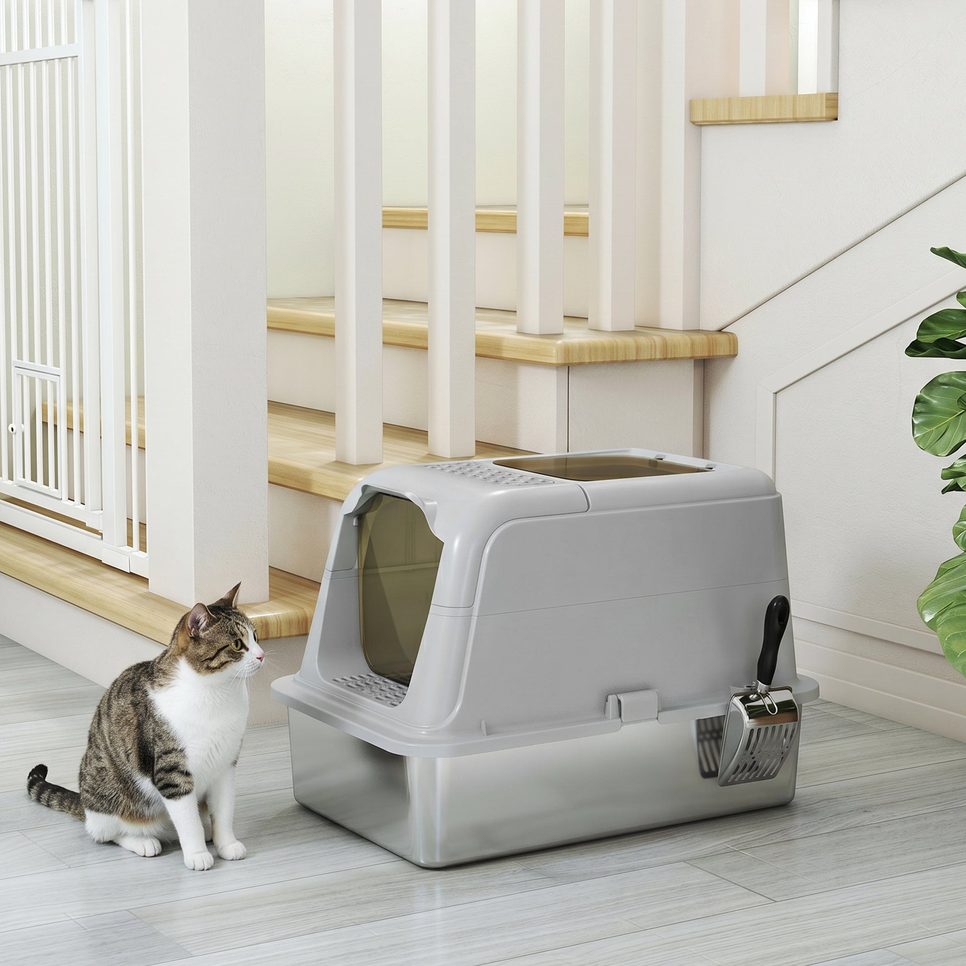 PawHut Extra Large Stainless Steel Litter Box, Enclosed Cat Litter Tray with Scoop, Deodorizer Bag, Front-Entry and Top-Exit