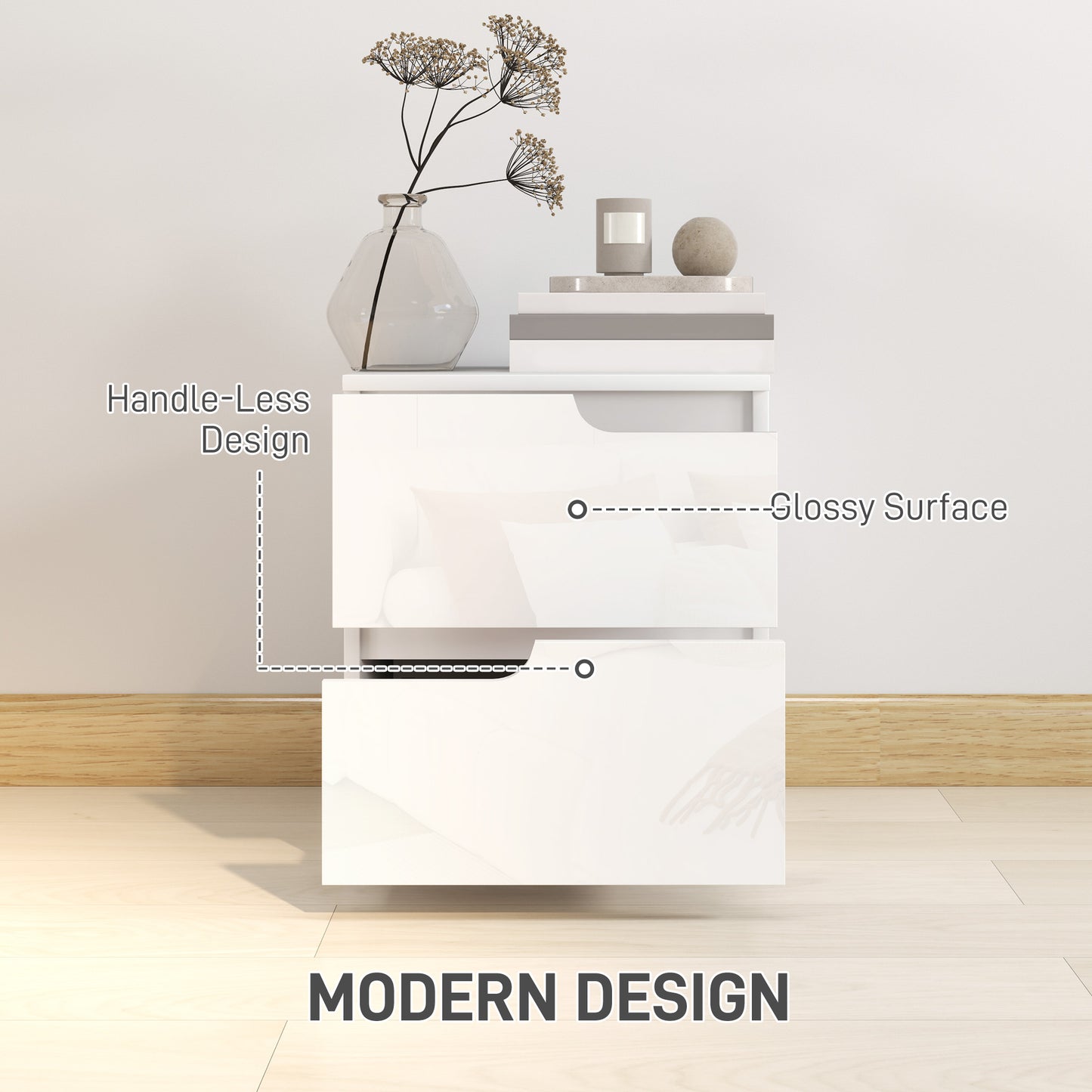 HOMCOM High Gloss Bedside Table Set of 2 - White