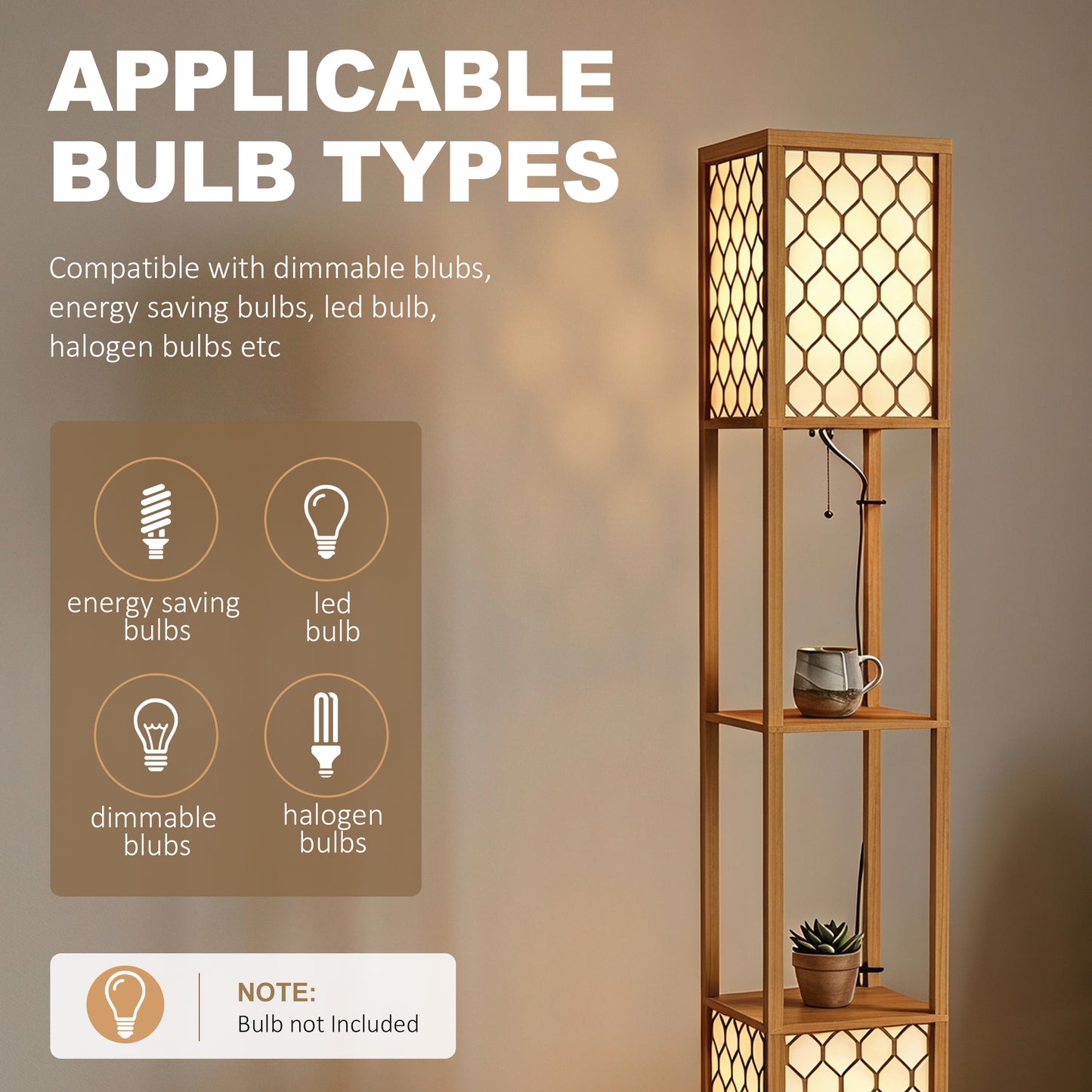 HOMCOM Floor Lamp with Shelves, Modern Tall Standing Lamp with Fabric Lampshades, Zipper Switch, Natural Wood Finish