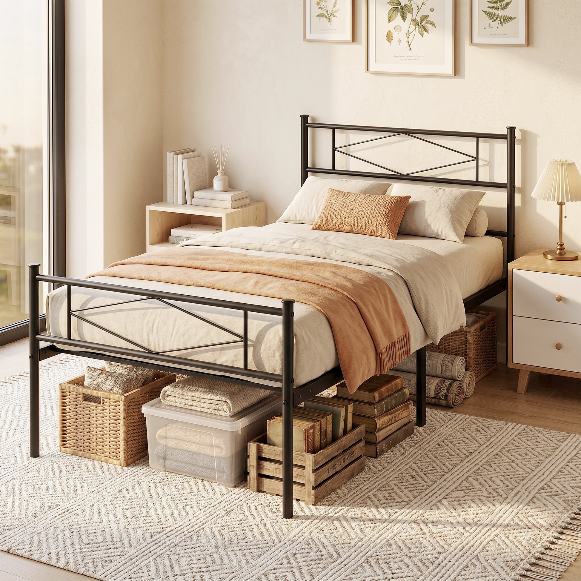 HOMCOM 3ft Single Bed Frame with Headboard and Footboard, Metal Platform Bed Frame with 32 cm Underbed Storage, Black