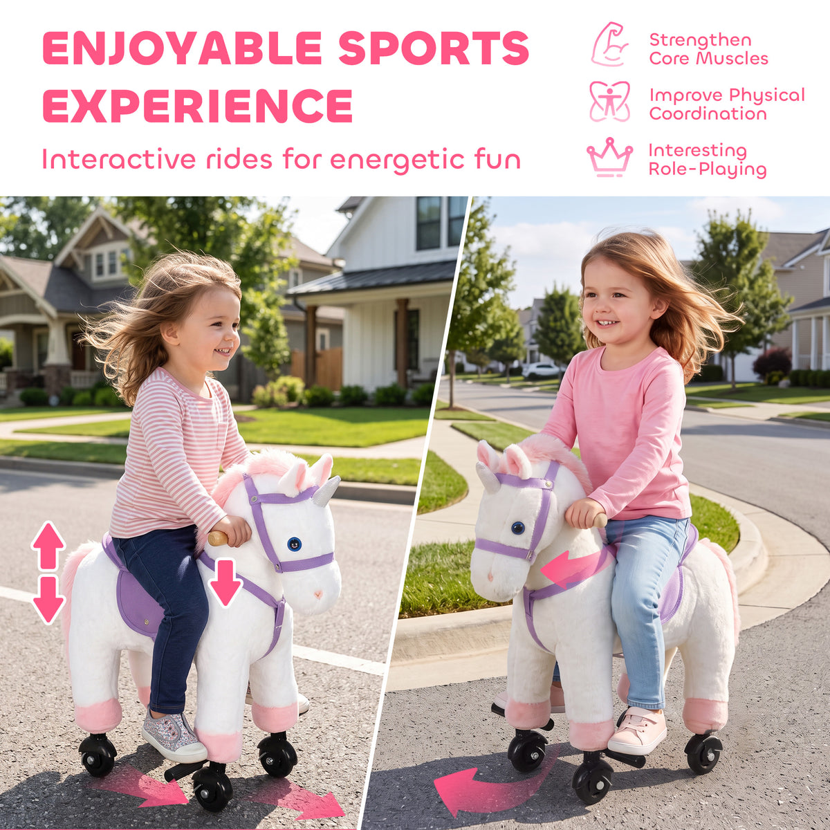 AIYAPLAY Unicorn Rocking Horse, Plush Ride On Horse with Hoof and Neighing, Rolling Wheels and Pedal for 3-8 Y, Up to 50kg, White