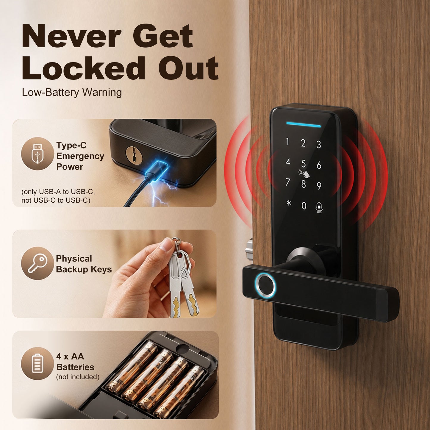 HOMCOM Smart Door Lock, 5-in-1 (Fingerprint/Passcode/Bluetooth APP/NFC Card/Key), Built-in Doorbell, Keyless Electronic Lock