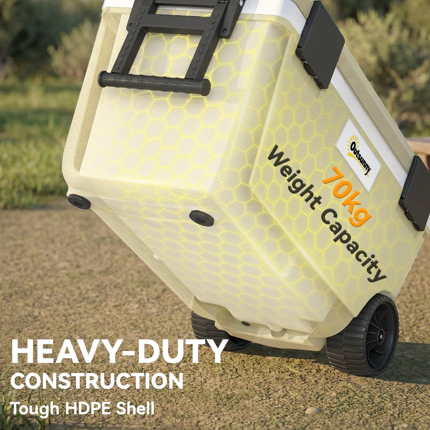 Outsunny 70L Insulated Cool Box with Wheels, Portable Ice Cooler with Handle, Lid and Drain Valve, Khaki