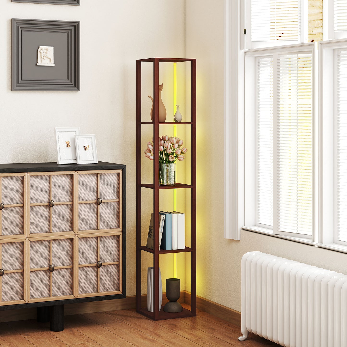 HOMCOM RGB LED Floor Lamp with Shelves, Modern Dimmable Standing Lamp with Remote Control, Adjustable Brightness & Speed for Living Room, Bedroom, Office, Brown