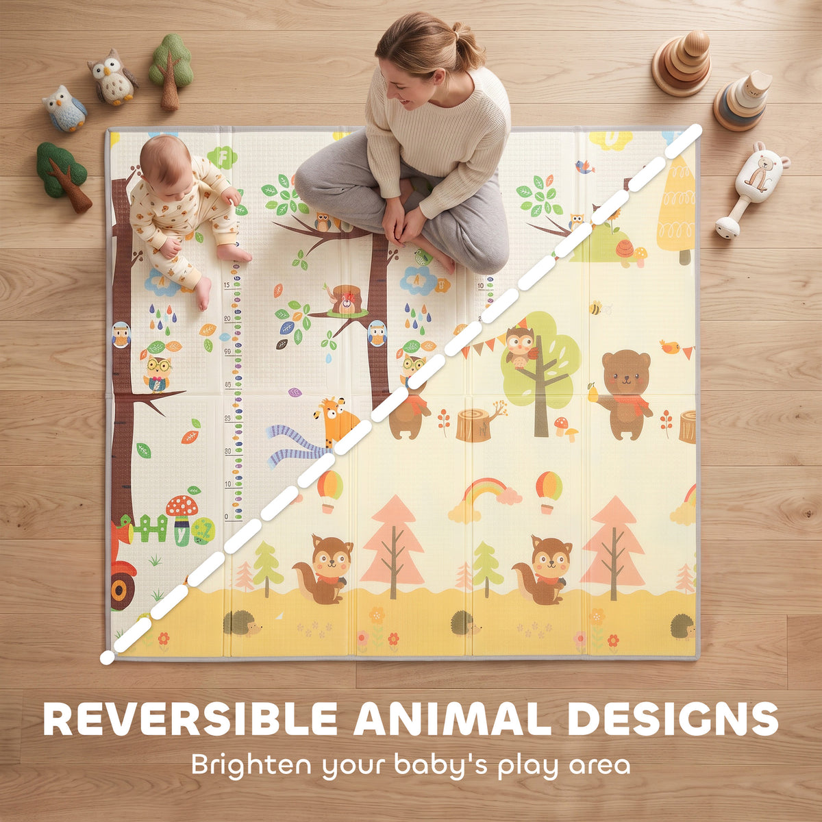 AIYAPLAY Foldable Reversible Baby Play Mat 200 x 180 cm, Waterproof, Non-Slip for Crawling and Learning, Tree & Forest Theme