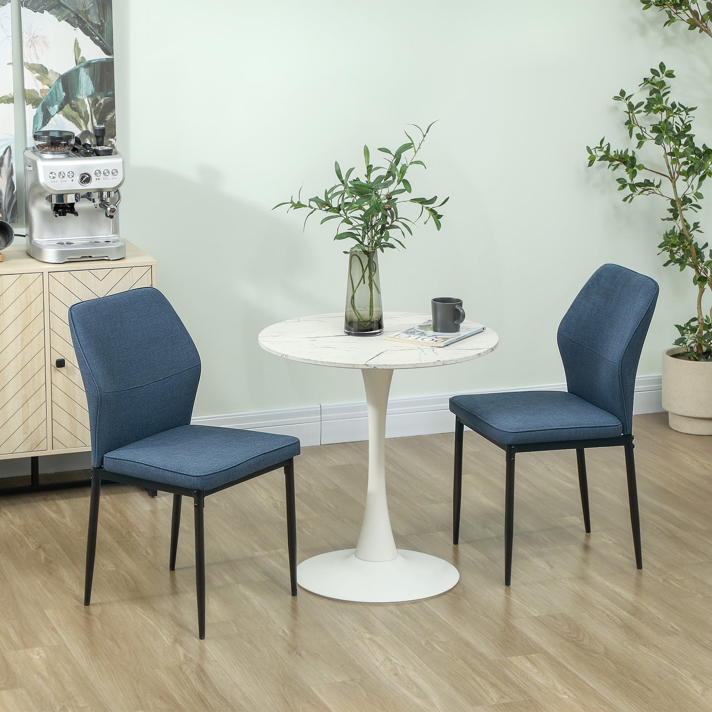 HOMCOM Velvet Dining Chairs Set of 2, Modern Armless Upholstered Kitchen Chairs with Metal Legs, Curved Back and Padded Seat, for Dining Room, Bedroom, Living Room, Blue