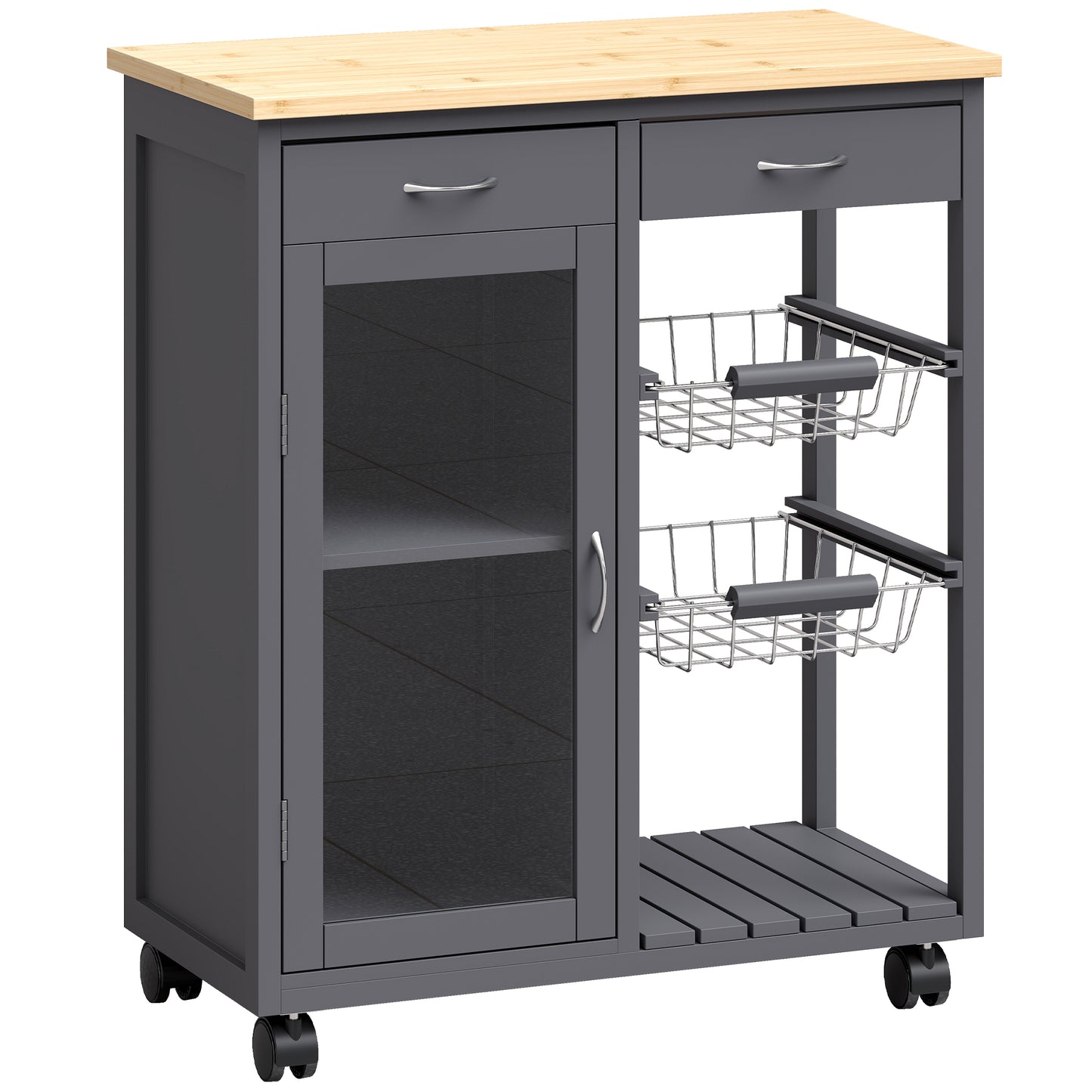 HOMCOM Bamboo Kitchen Island, Rolling Kitchen Trolley with Glass Door, 2 Metal Wire Baskets and Adjustable Shelf, Grey