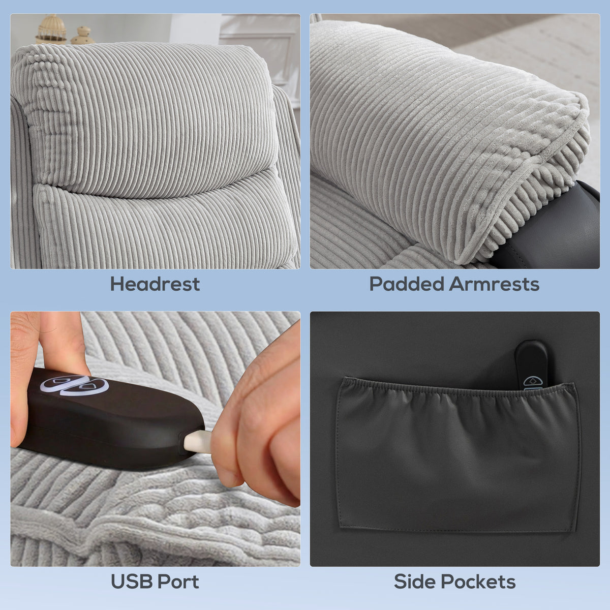 HOMCOM Power Lift Chair for Elderly, Corduroy Recliner with Wide Seat, High Back, USB Port, Side Pockets, Light Grey