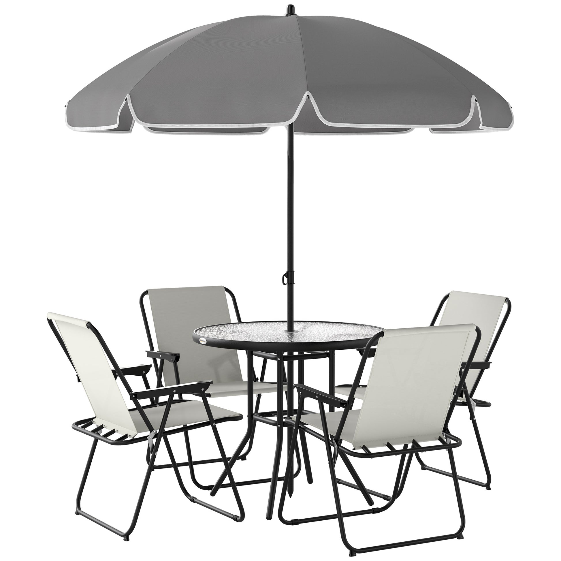 Outsunny 4 Seater Garden Furniture Set, 6 Pieces Garden Table and Chairs with Parasol, Outdoor Garden Dining Set with Folding Chairs and Round Glass Top Table for Patio, Cream White