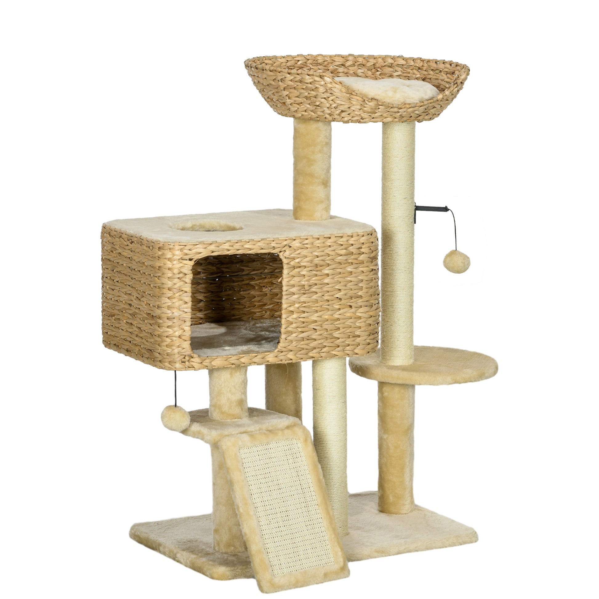 PawHut 95cm Cat Tree Tower for Indoor Cats, with Scratching Post, Cat House, Toy Ball, Platform - Beige Default Title