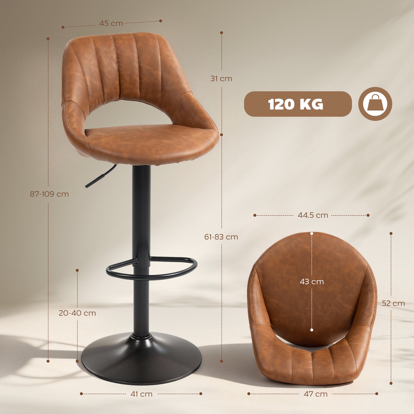 HOMCOM Bar Stools Set of 2, PU Leather Swivel Barstools with Backrest and Footrest for Kitchen, Counter, Breakfast Bar, Brown