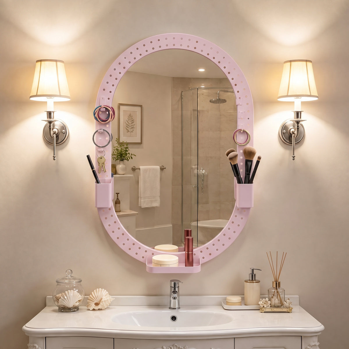 HOMCOM Oval Wall Mirror, 60 x 90 cm Decorative Hanging Mirror with Pegboard Frame, Wall-Mounted, Pink