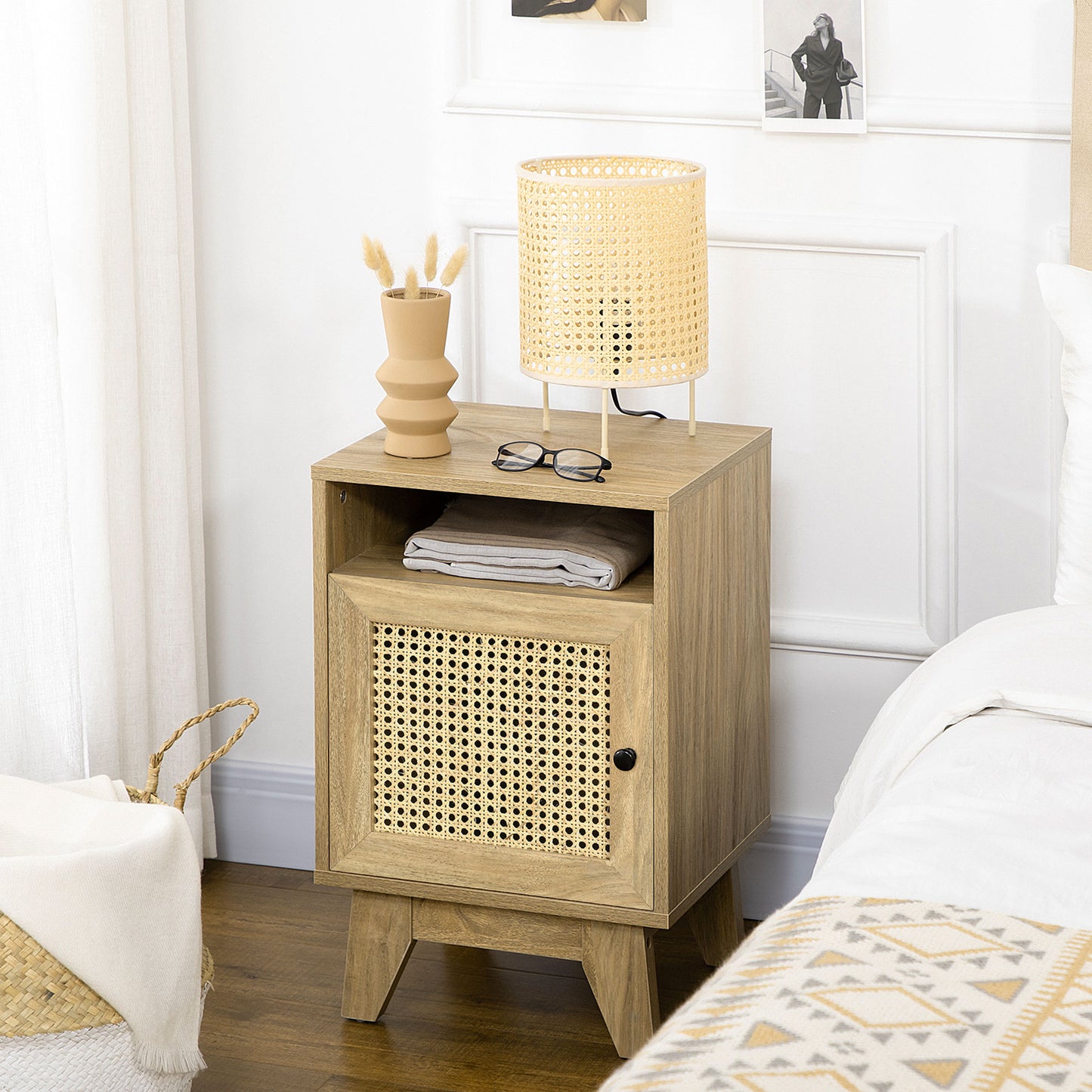 HOMCOM Chest of Drawer with 4 Rattan Drawers, Beside Table with Door, Natural