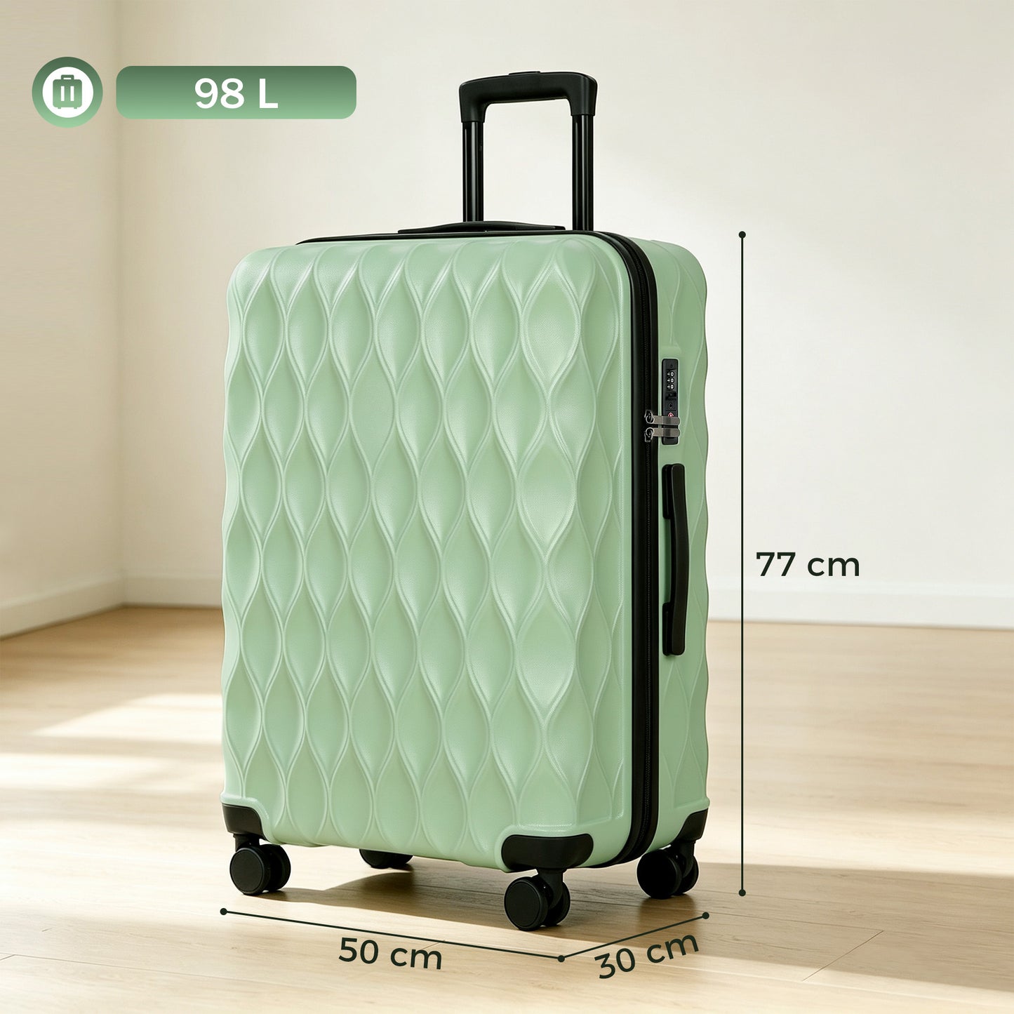 HOMCOM 77cm 98L Suitcase, Lightweight ABS Hard Shell Carry On Luggage with TSA Lock, Spinner Wheels, Telescopic Handle, Green