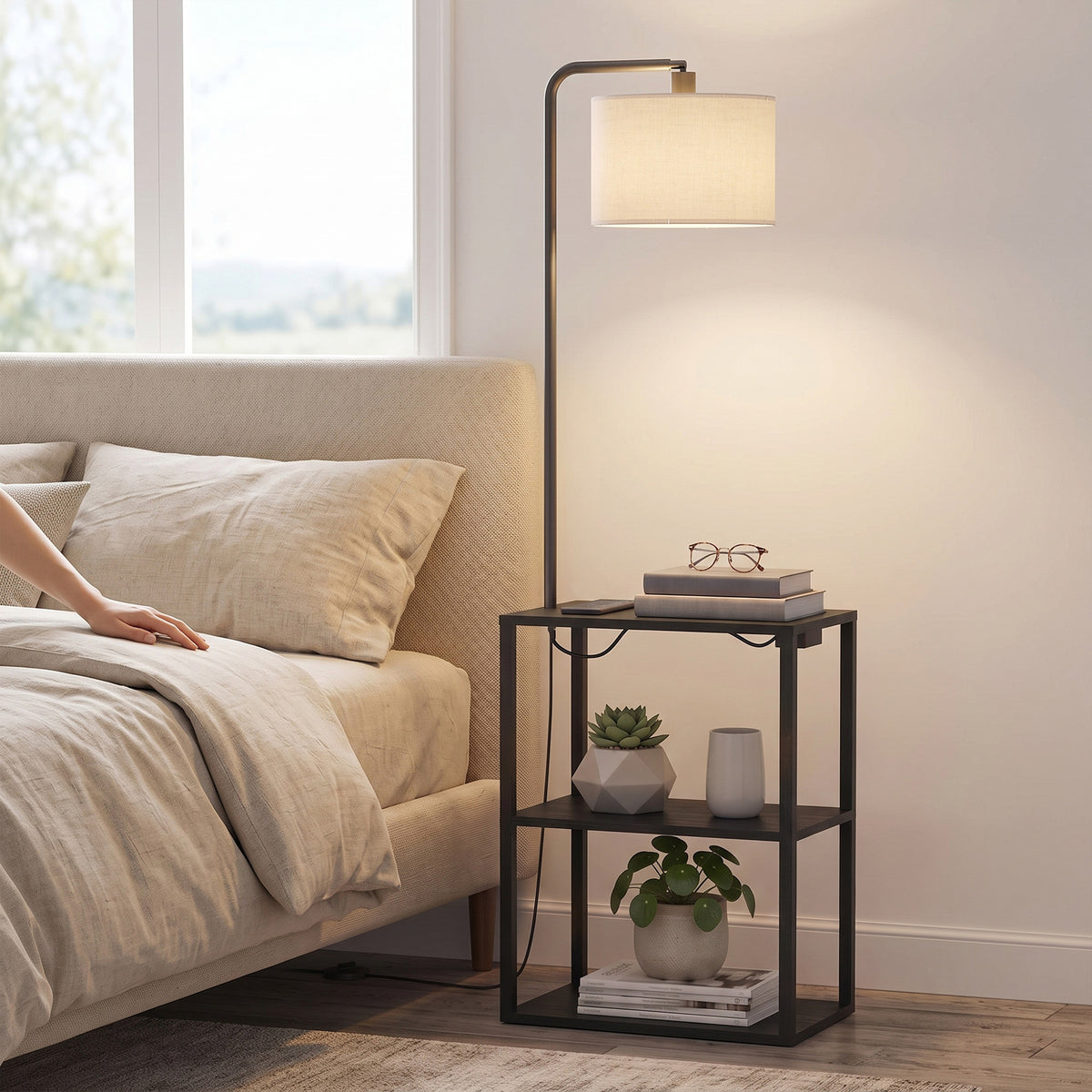 HOMCOM Dimmable Floor Lamp with Shelves, Charging Station, 3-Tier Storage Table, Adjustable Fabric Lampshade, Black