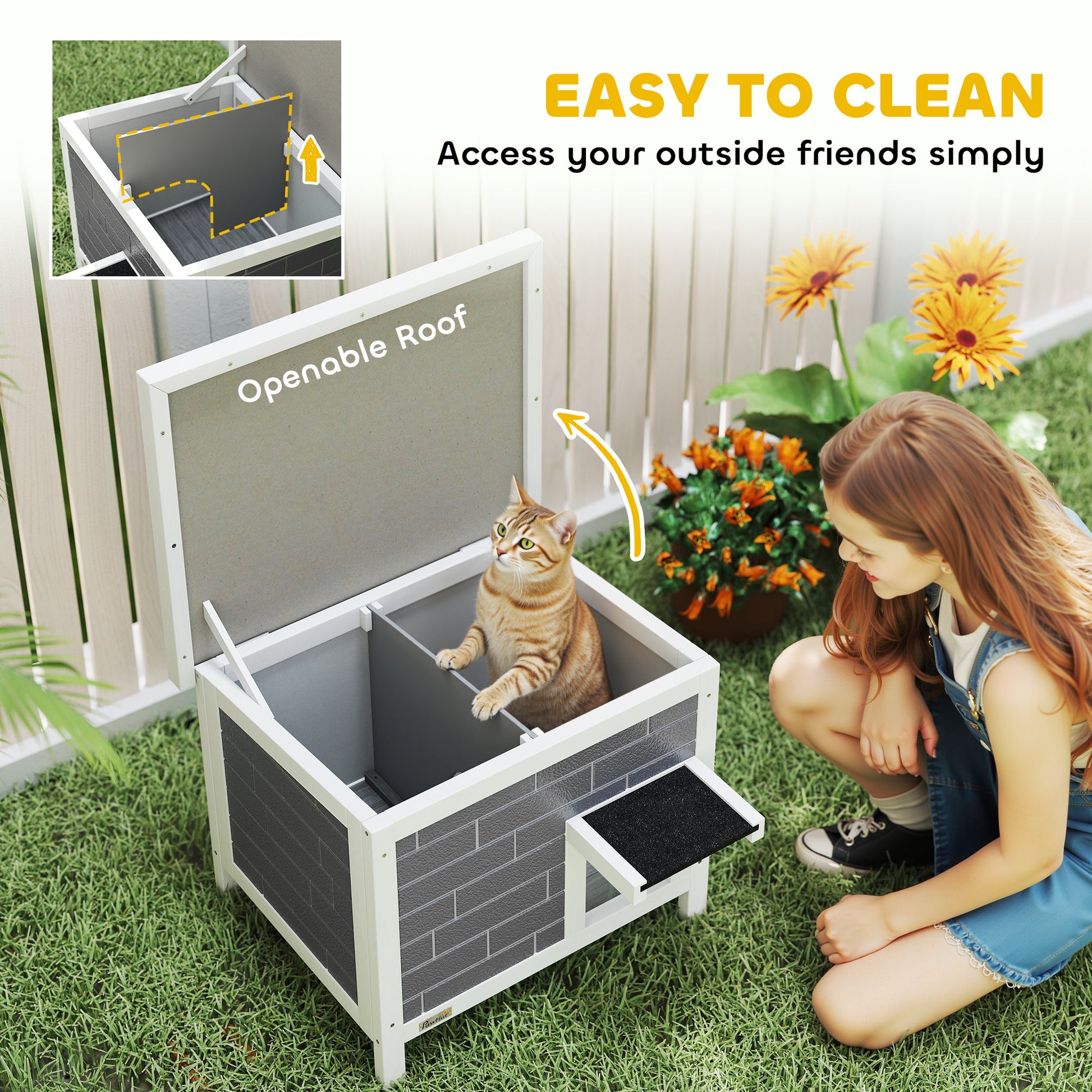 PawHut Outdoor Cat House Insulated with Openable Roof, Weatherproof Feral Cat Shelter for Rabbits, Cats, Grey