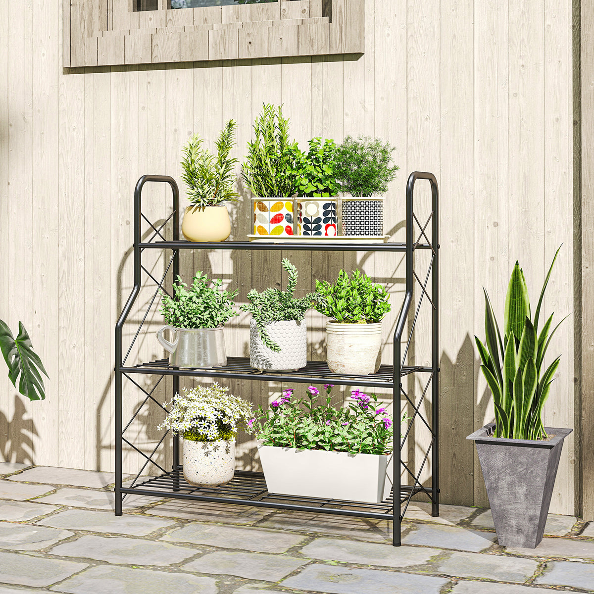 Outsunny 3-Tier Metal Plant Stand, Heavy Duty Ladder Shelf Potted Plants Display Rack, Indoor Outdoor Flower Pot Holder