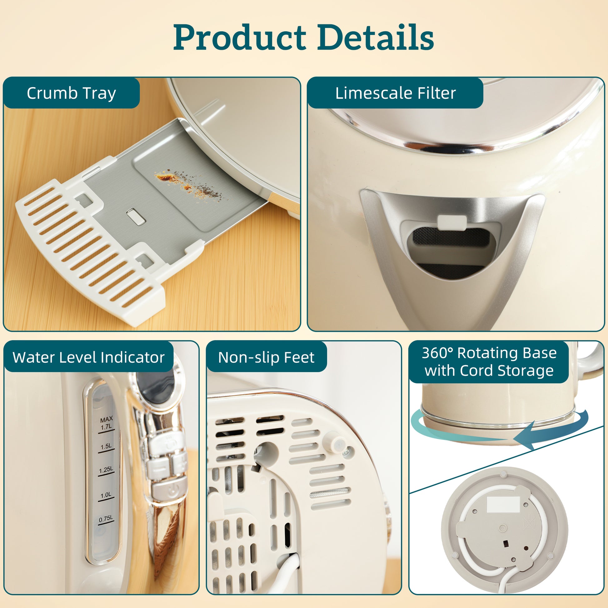 HOMCOM Polished Retro 40-100Â°C Kettle and Toaster Set - Cream
