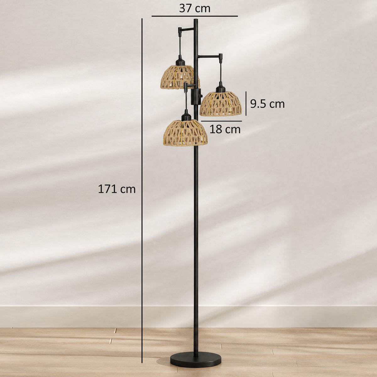 HOMCOM 3-Light Floor Lamp, Standing Lamp with Paper Rope Shades, 4-Stage Rotary Switch for Living Room, Bedroom, Study