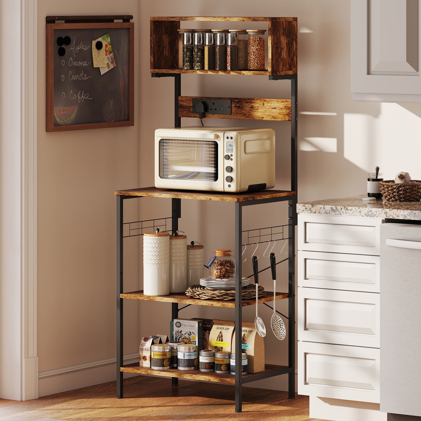 HOMCOM Kitchen Storage Rack, Bakers Rack with Power Outlet, USB Charger, Rustic Brown