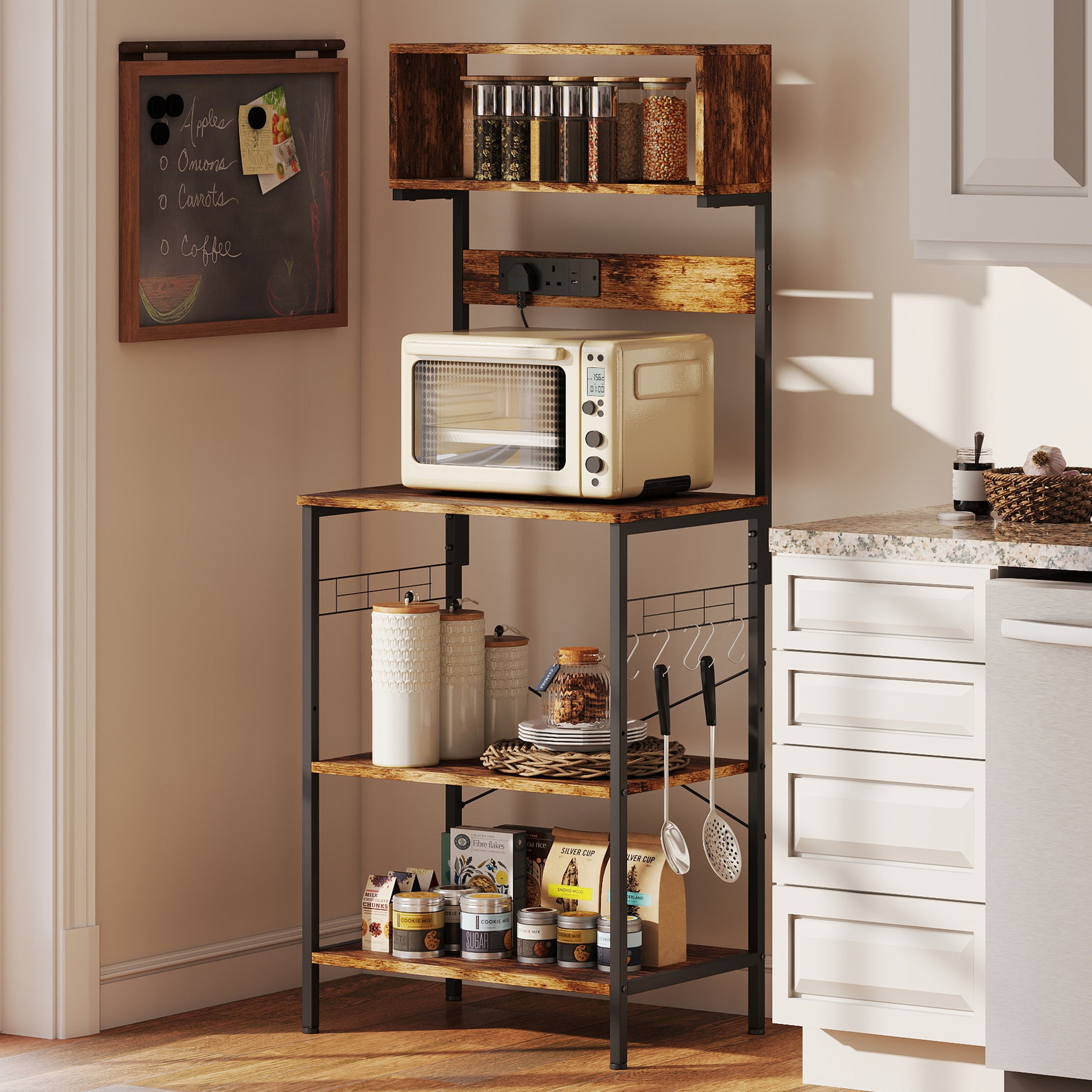 HOMCOM Kitchen Storage Rack, Bakers Rack with Power Outlet, USB Charger, Rustic Brown