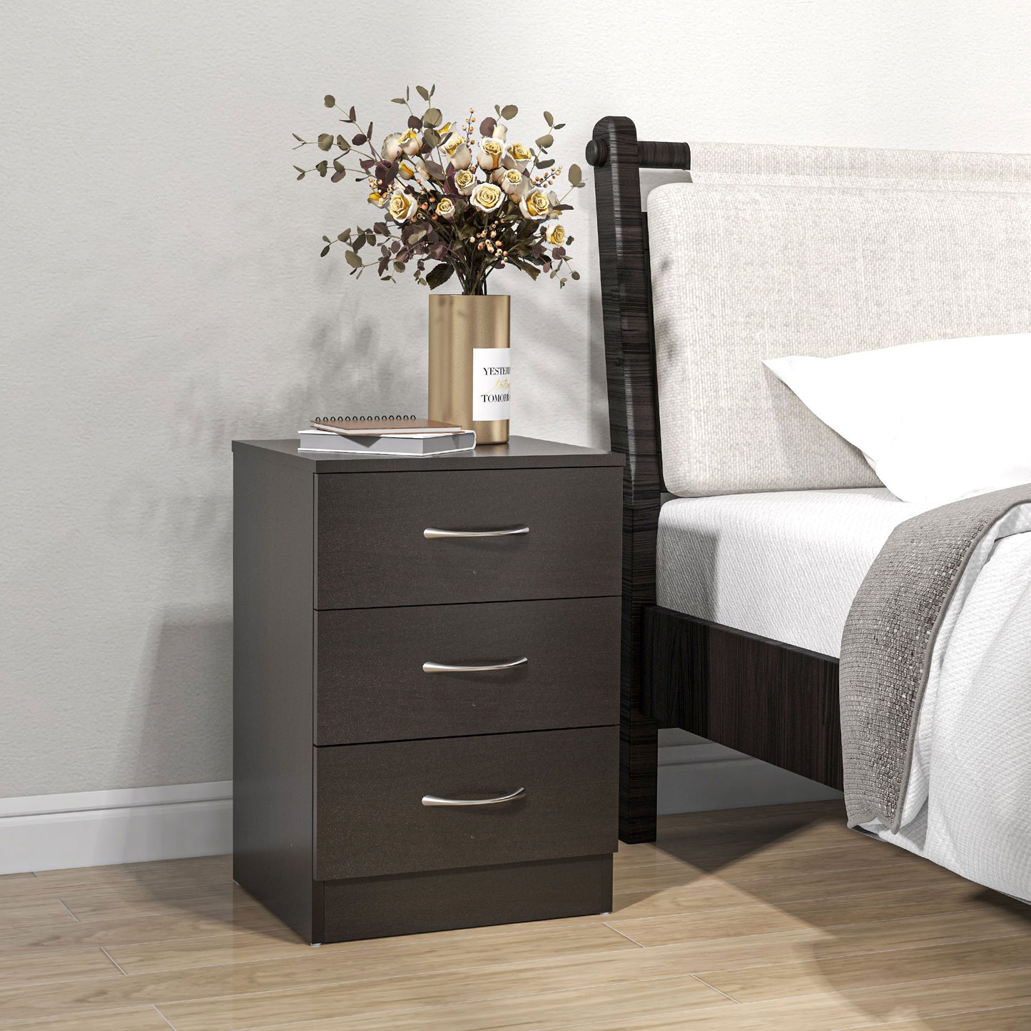 HOMCOM Bedside Cabinet with Drawer and Shelf, White Bedside Table for Bedroom, Living Room, Nightstand Side Table with Metal Rail Set of 2