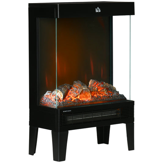 HOMCOM 180Â° Charming Electric Fireplace Heater, Quiet Freestanding Stove with LED Flame Effect, 3-Sided Tempered Glass Panels, Level-less Temperature Control, Overheat Protection, 1000W/2000W, Black