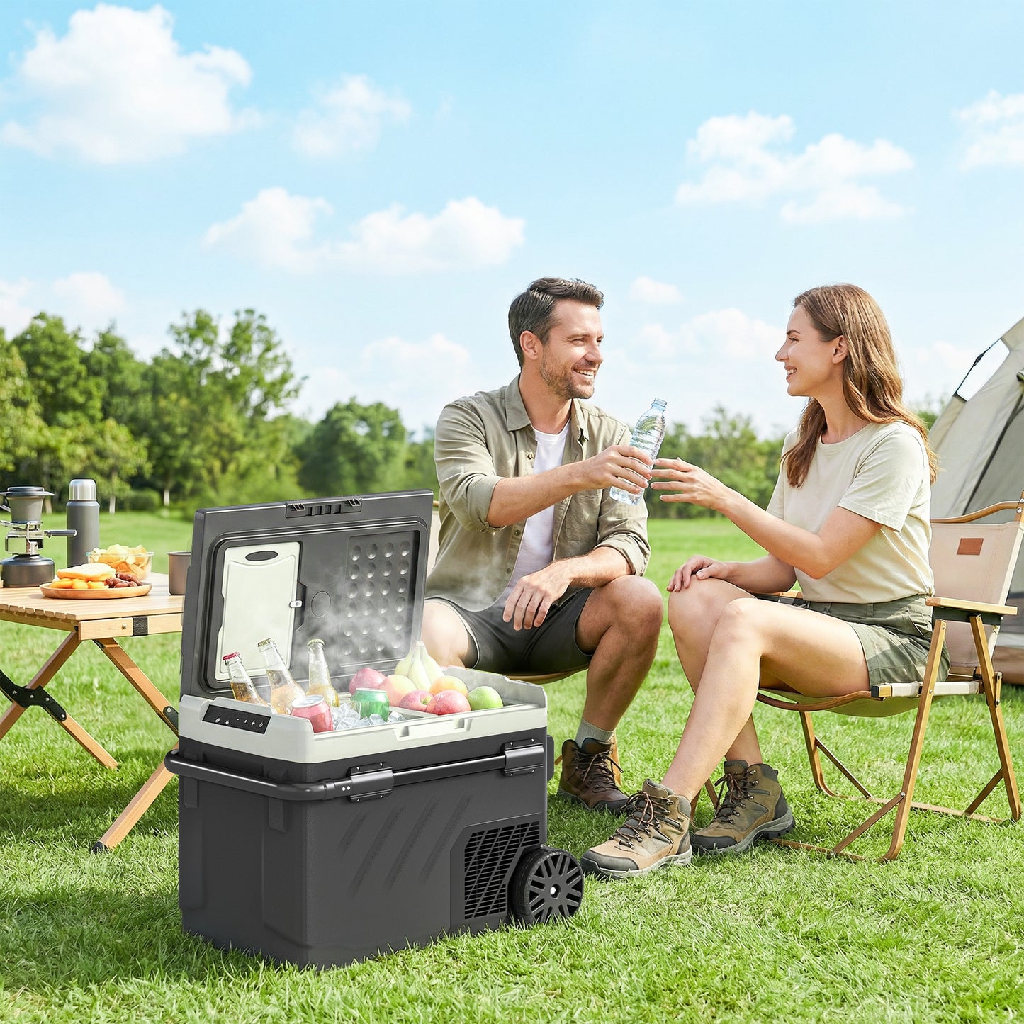 Outsunny 40L Compressor Car Fridge Freezer, Dual Zone Camping Refrigerator with App Control, Telescopic Handle, -20â„ƒ-20â„ƒ