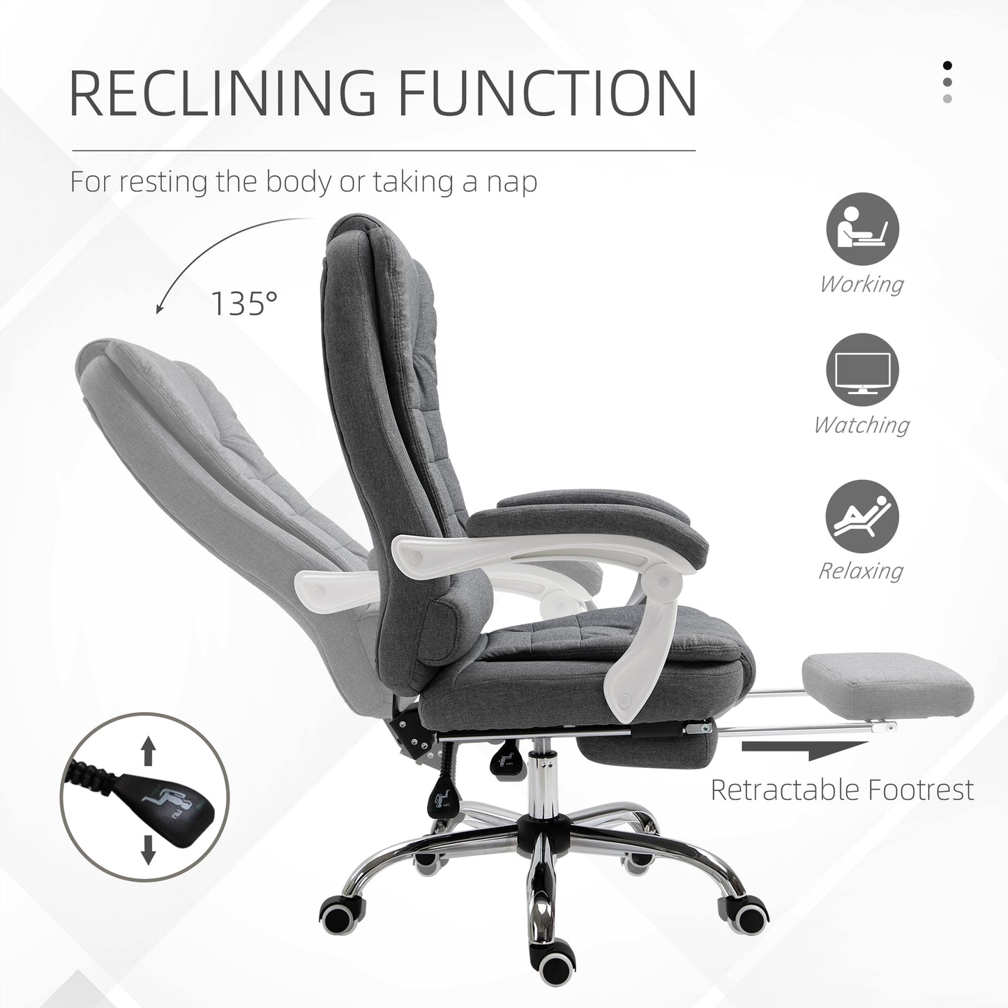 Vinsetto Office Chair, Computer Desk Chair, Linen Fabric Swivel Rolling Task Chair with Large Soft Padded Cushion, 135Â° Reclining Backrest and Retractable Footrest, Grey