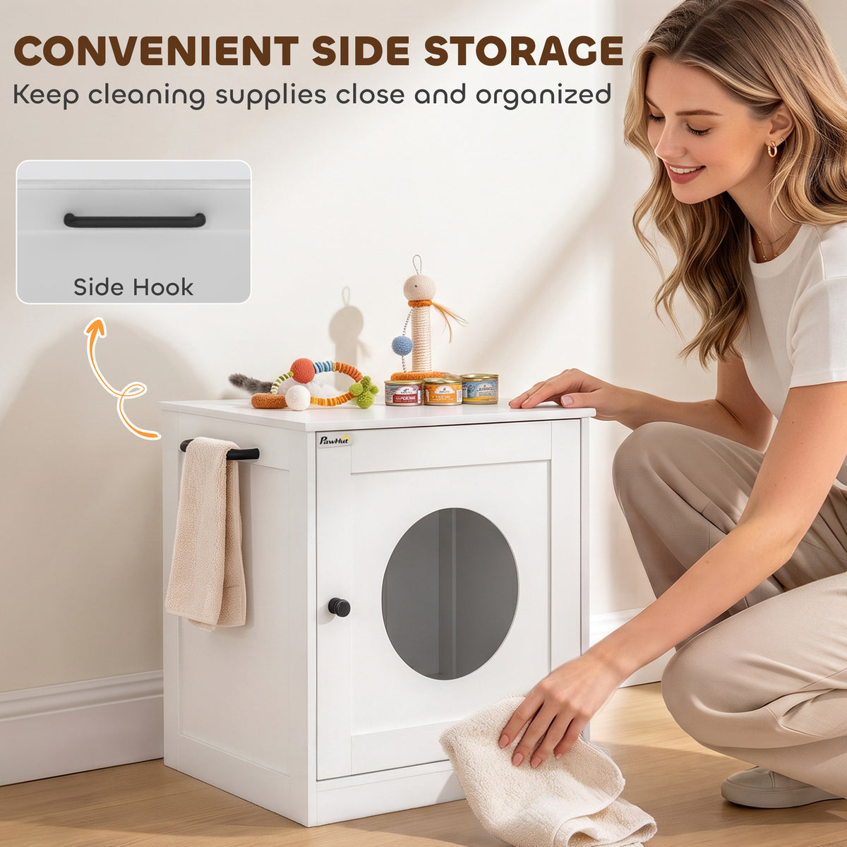 PawHut Cat Litter Box Enclosure, Hidden Litter Box Furniture with Side Hook, Wooden Cat Washroom Storage Cabinet, White