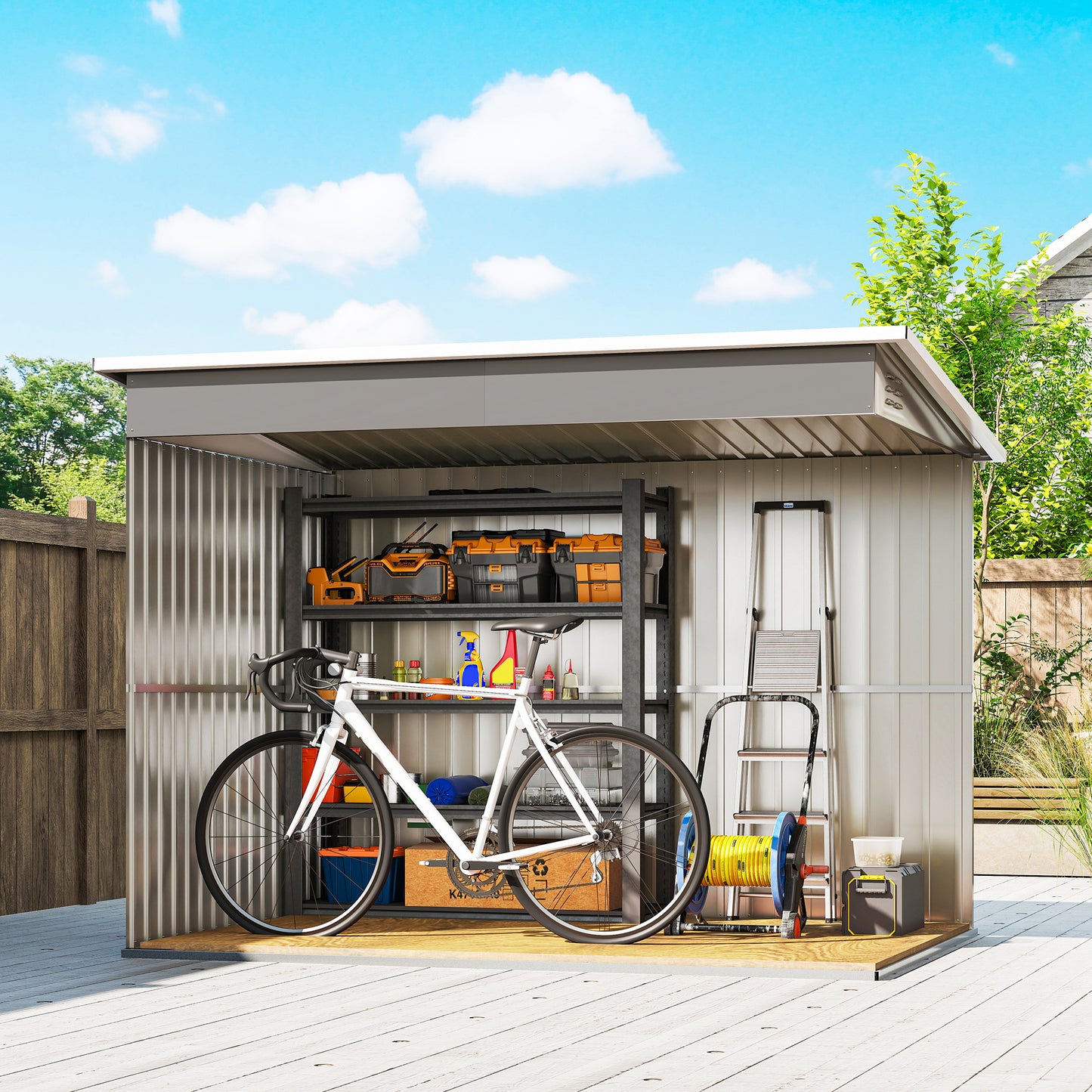 Outsunny 8.5 x 6ft Storage Shed Galvanised Steel Garden Shed, Metal Shed with Foundation Kit, Window, Lockable Wide Doors and Air Vents for Outdoor Patio, Light Grey