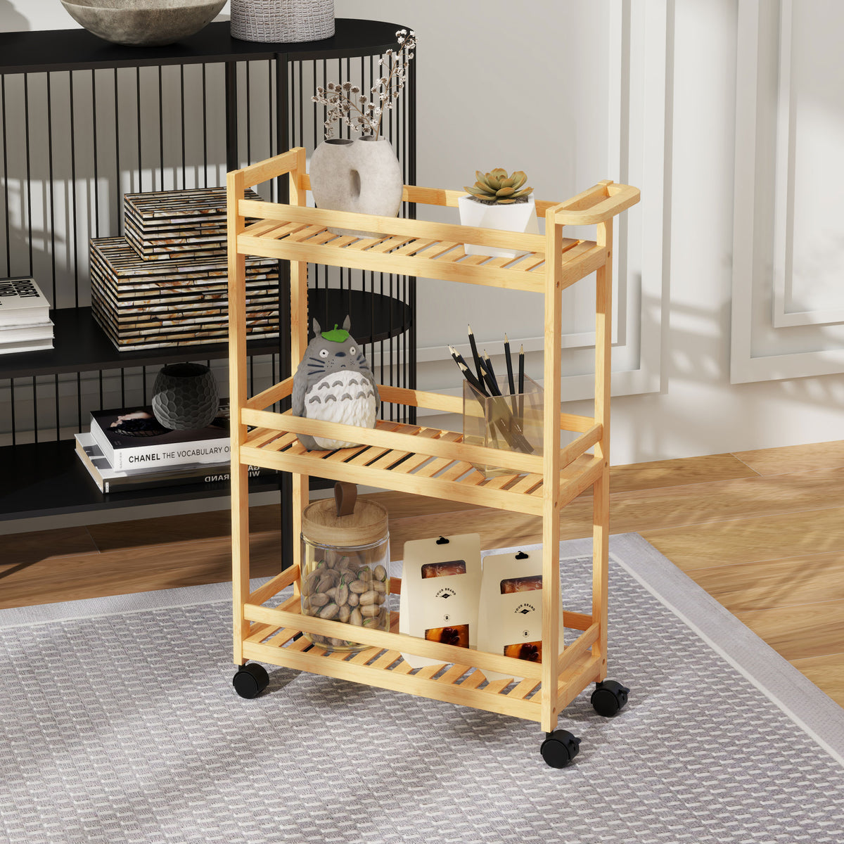 HOMCOM 3-Tier Bamboo Storage Trolley on Wheels with Handle for Kitchen, Office, Bathroom