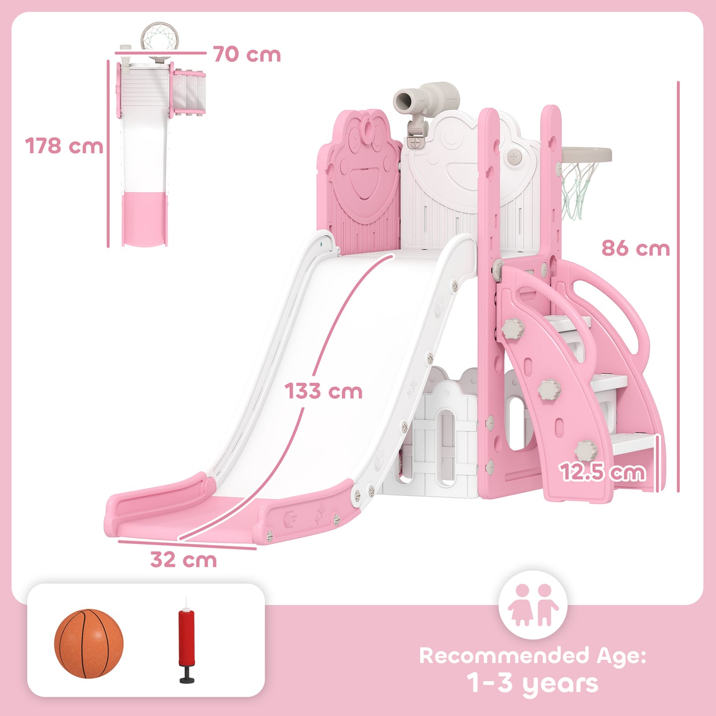AIYAPLAY 5 in 1 Kids Slide Set with Basketball Hoop, Climbing Frame, Telescope, Storage Box for Toddlers Ages 1-3, Pink
