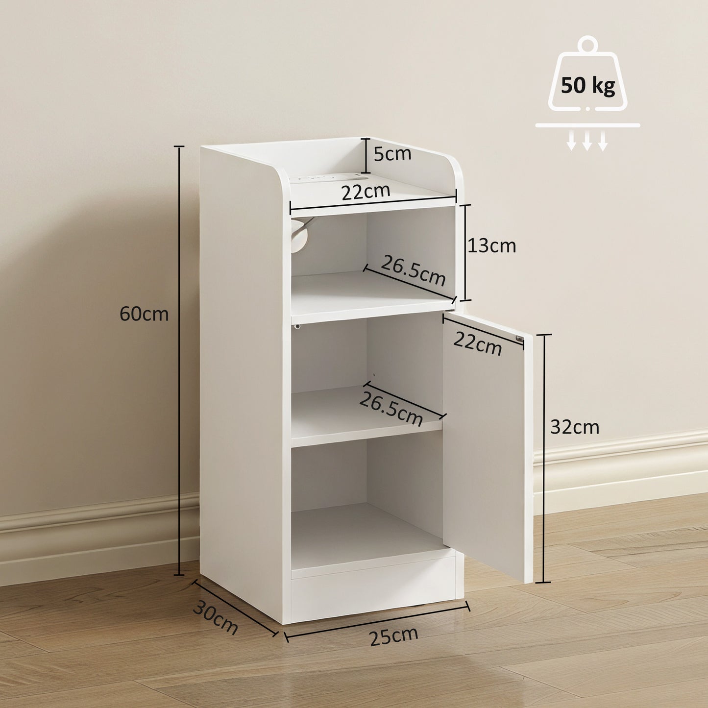HOMCOM Slim Bedside Table Set of 2 with Charging Station, Narrow Bedside Cabinet with Adjustable Shelf, White