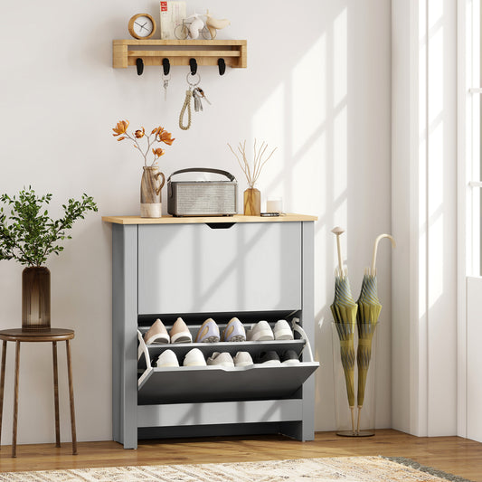 HOMCOM Slim Shoe Cabinet, Narrow Shoe Cupboard with 2 Flip Drawers, Adjustable Shelves for 12 Pairs of Shoes, Light Grey