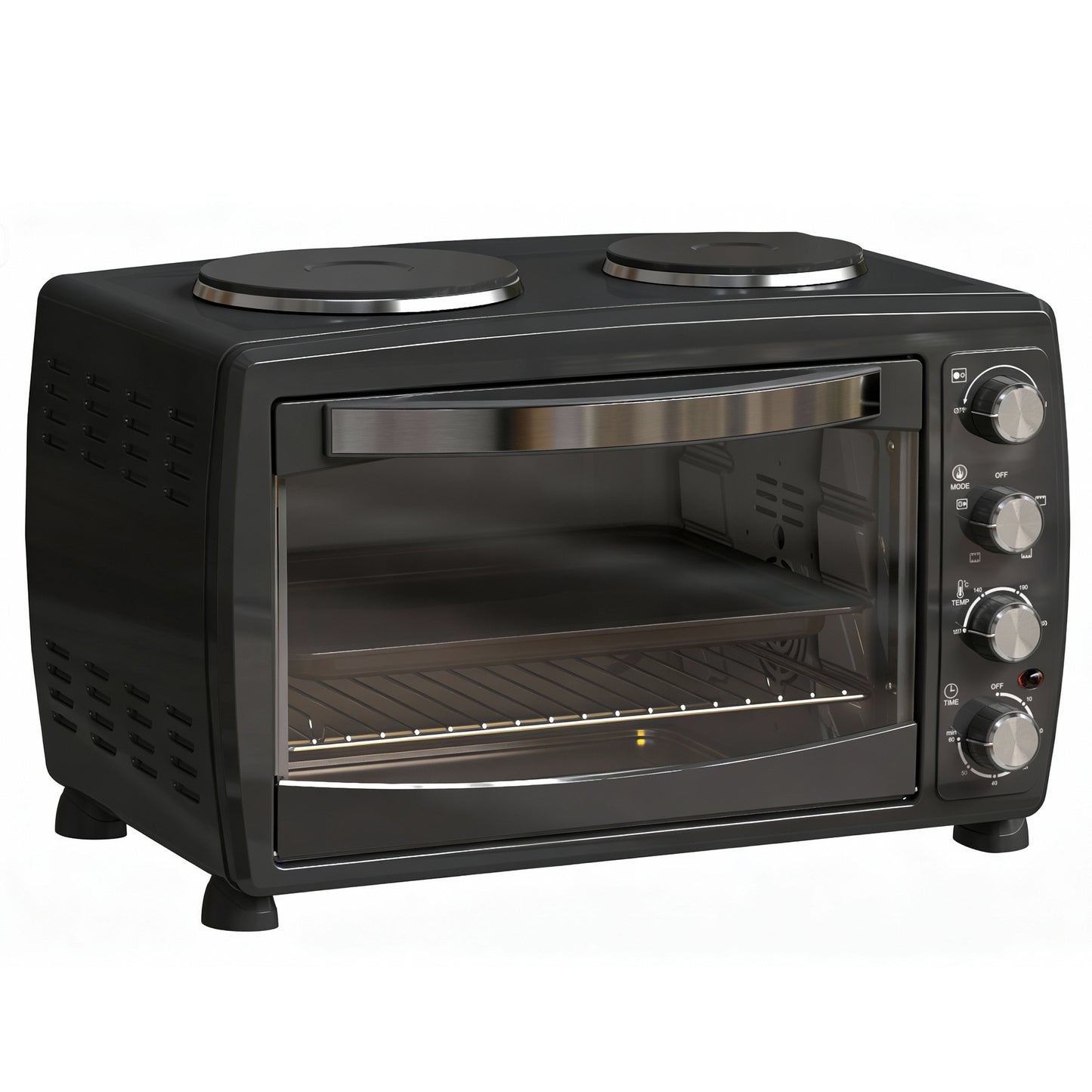 HOMCOM 36L Small Oven with 2 Hot Plates, Countertop Toaster Oven, Grill, Roast, Bake, Boil, with Timer, Adjustable Temperature, Electric Oven with Baking Tray, Grill Rack, Crumb Tray, 2600W, Black