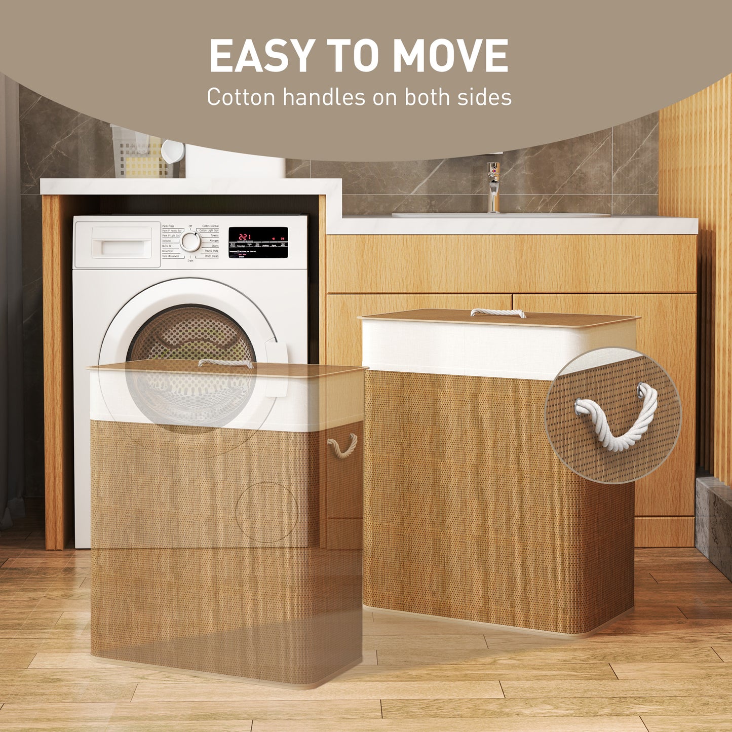 HOMCOM Double Laundry Basket with Lid, 100L Bamboo Laundry Hamper with Rope Handles, Washing Basket with Removable Liner for Bathroom, Bedroom, Brown