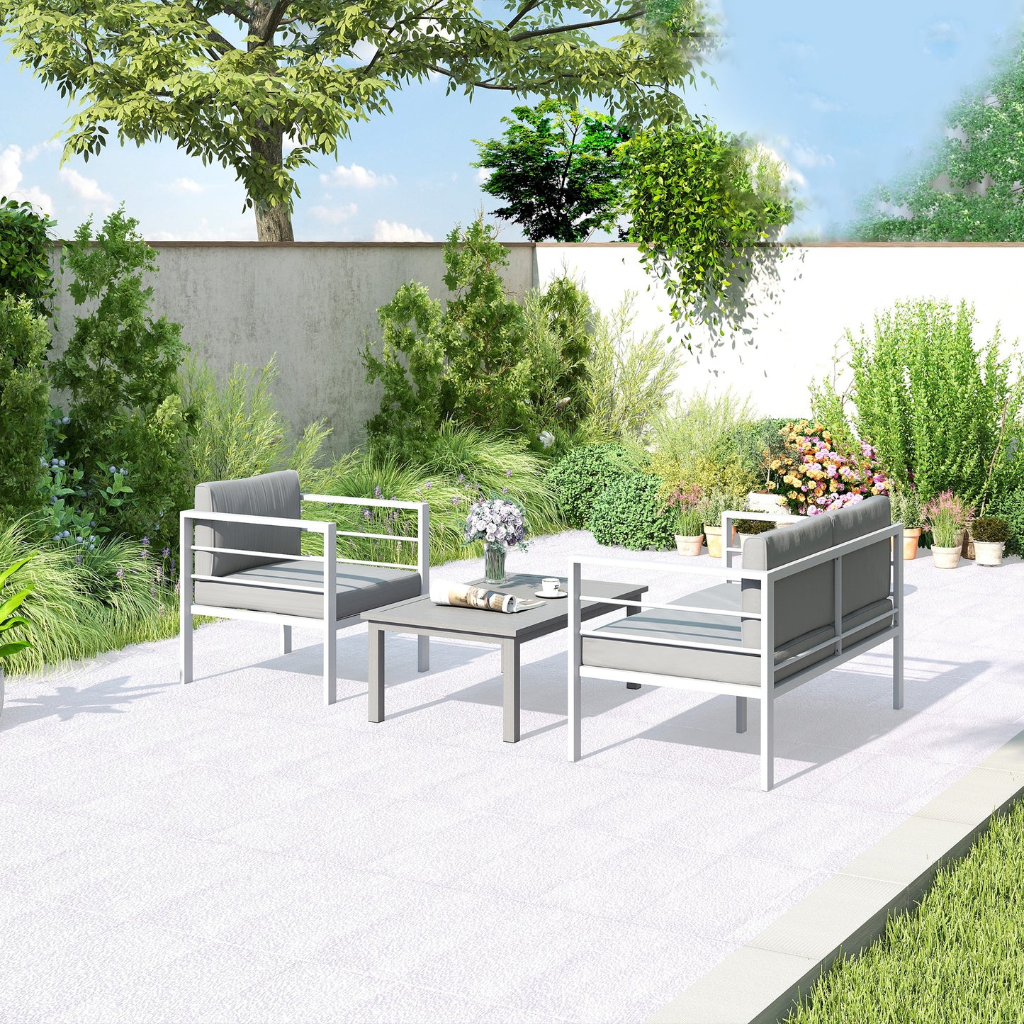Outsunny 4 Piece Garden Furniture Set, 4 Seater Aluminium Garden Sofa Set with 2 Armchairs, Loveseat, Coffee Table and Cushions, Outdoor Conversation Conservatory Furniture for Patio, Charcoal Grey