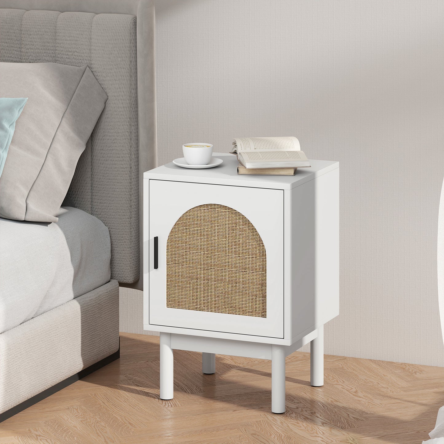 HOMCOM Rattan Bedside Table for Bedroom - White