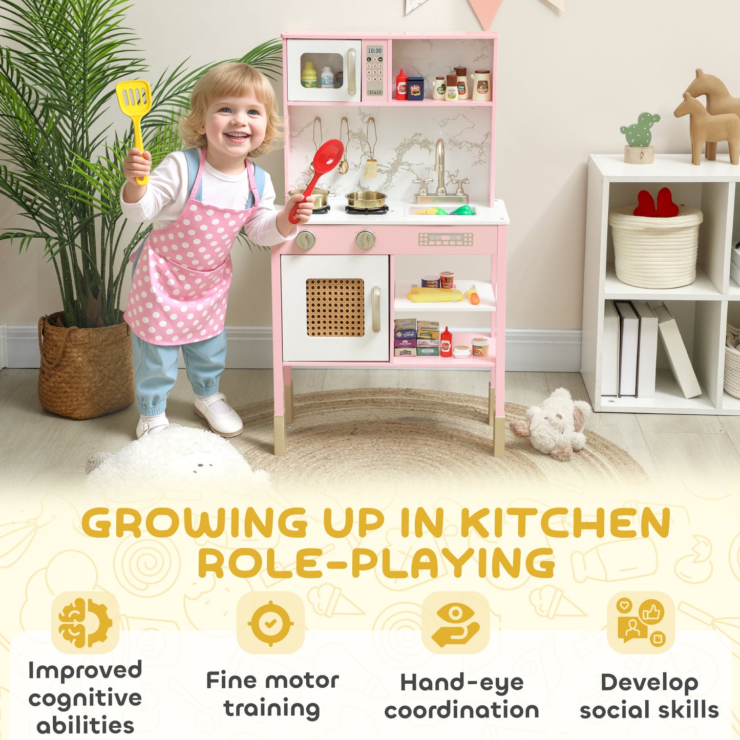 AIYAPLAY Kitchen Playset with Pretend Play Cooking Accessories, Play Kitchen with Oven, Microwave and Sink, Pink