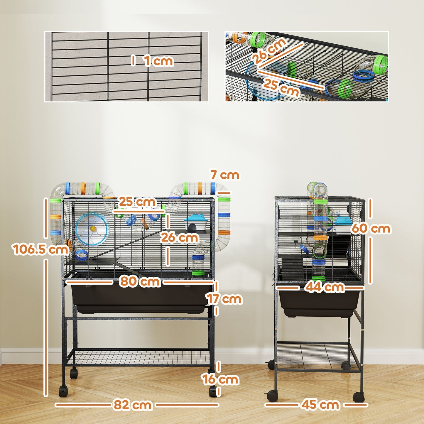 PawHut 3 Tier Large Hamster Cage on Wheels with 17 cm Deep Tray, Storage Shelf for Syrian, Gerbil, Rats