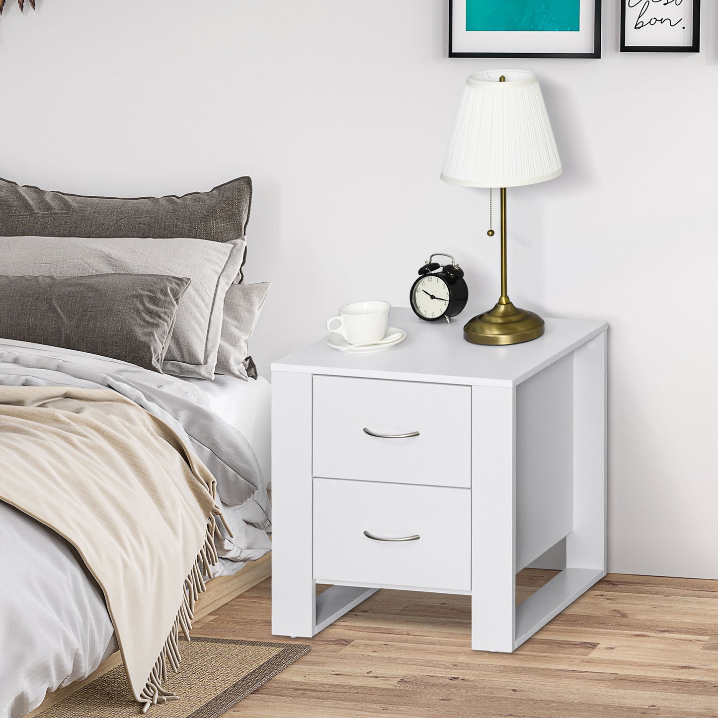 HOMCOM Bedside Table Set of 2 with 2 Drawers, Nightstands with Handles and Elevated Base, Side Tables for Bedroom, Living Room, White