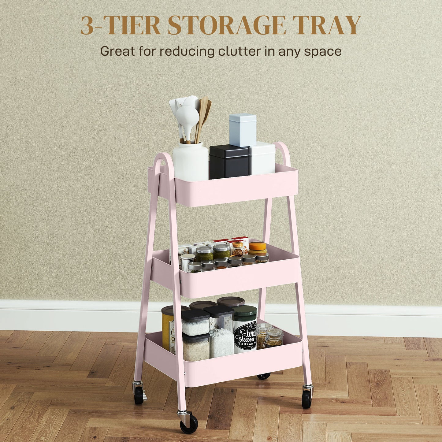 HOMCOM Three-Tier Storage Trolley - Pink