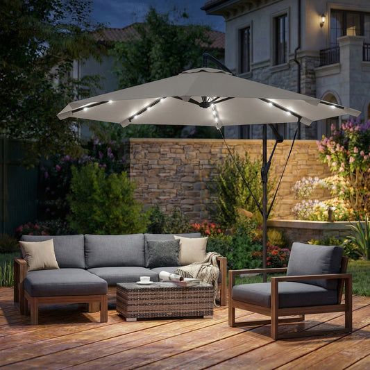 Outsunny 3 m Cantilever Parasol with Solar LED Lights Garden Umbrella with Cross Base, Light Grey