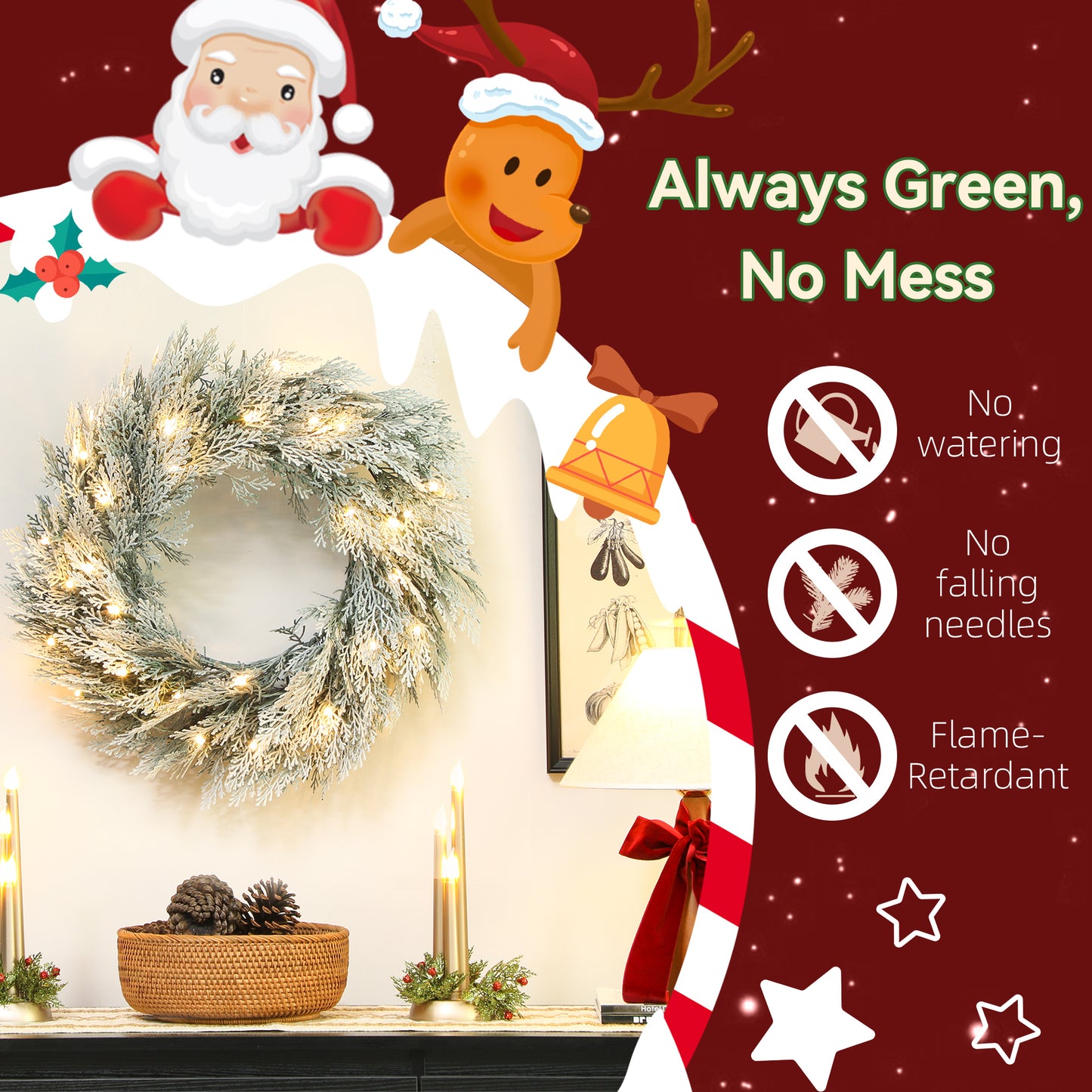 HOMCOM 60cm/ 24inch Flocked Prelit Christmas Wreath